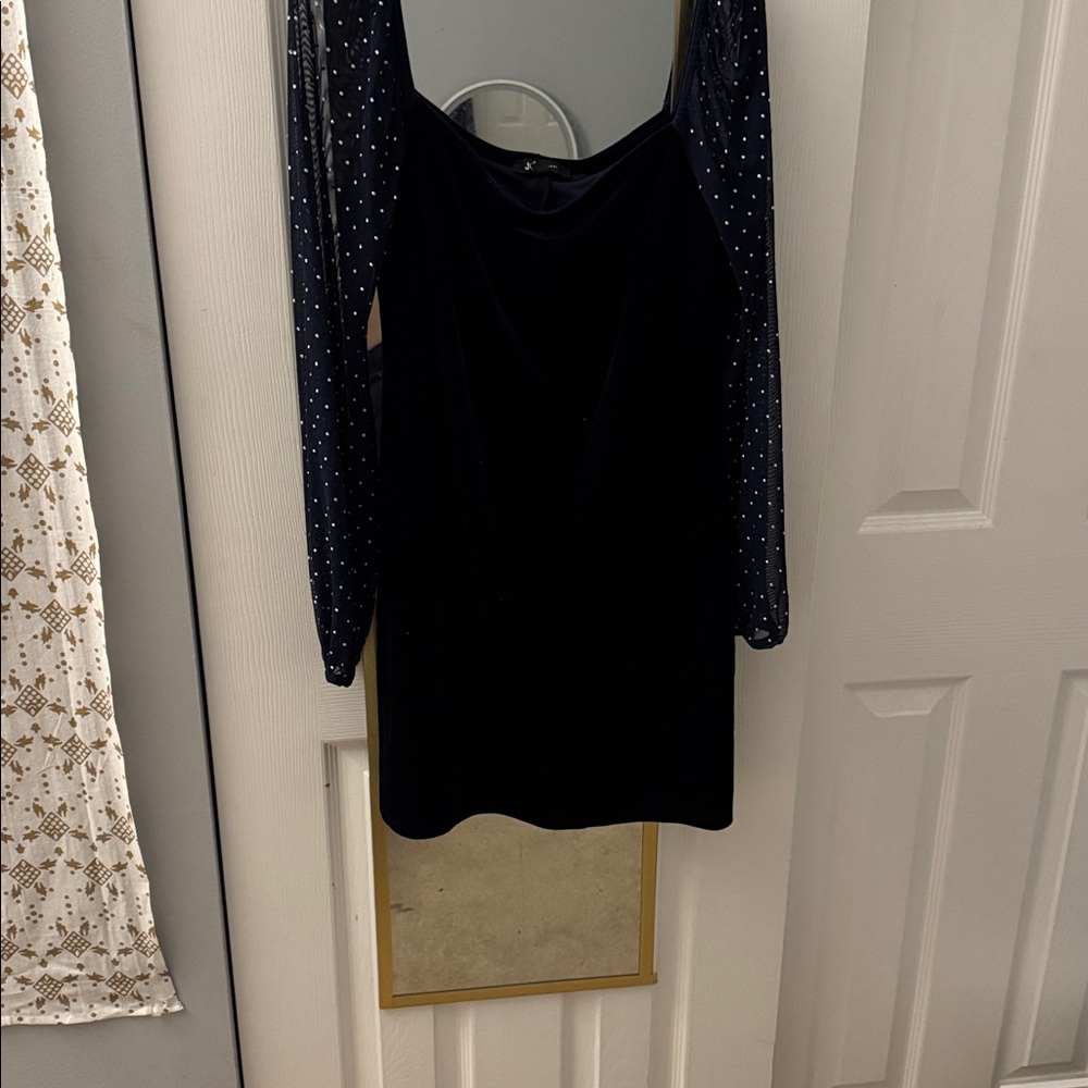 Navy blue Dress with Sheer Polka Dot Sleeves